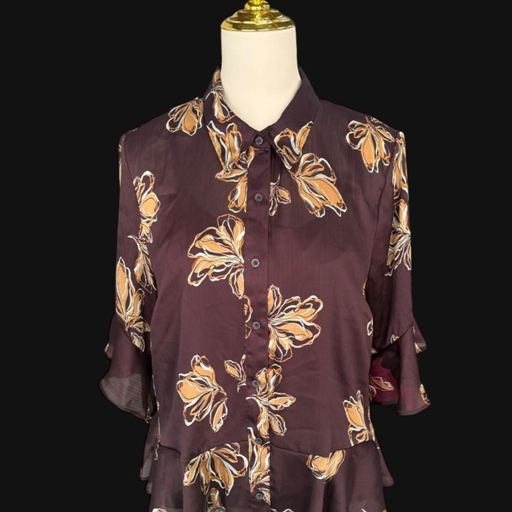 Nine West Brown Floral Ruffle Peplum Button Up Blouse Tiered Sleeve Top Large